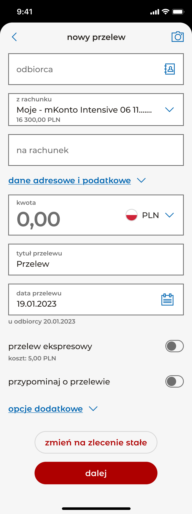 The complete payment form — all fields visible in a single screen, secondary sections collapsed, source account balance shown inline, recipient receipt date exposed below the date picker